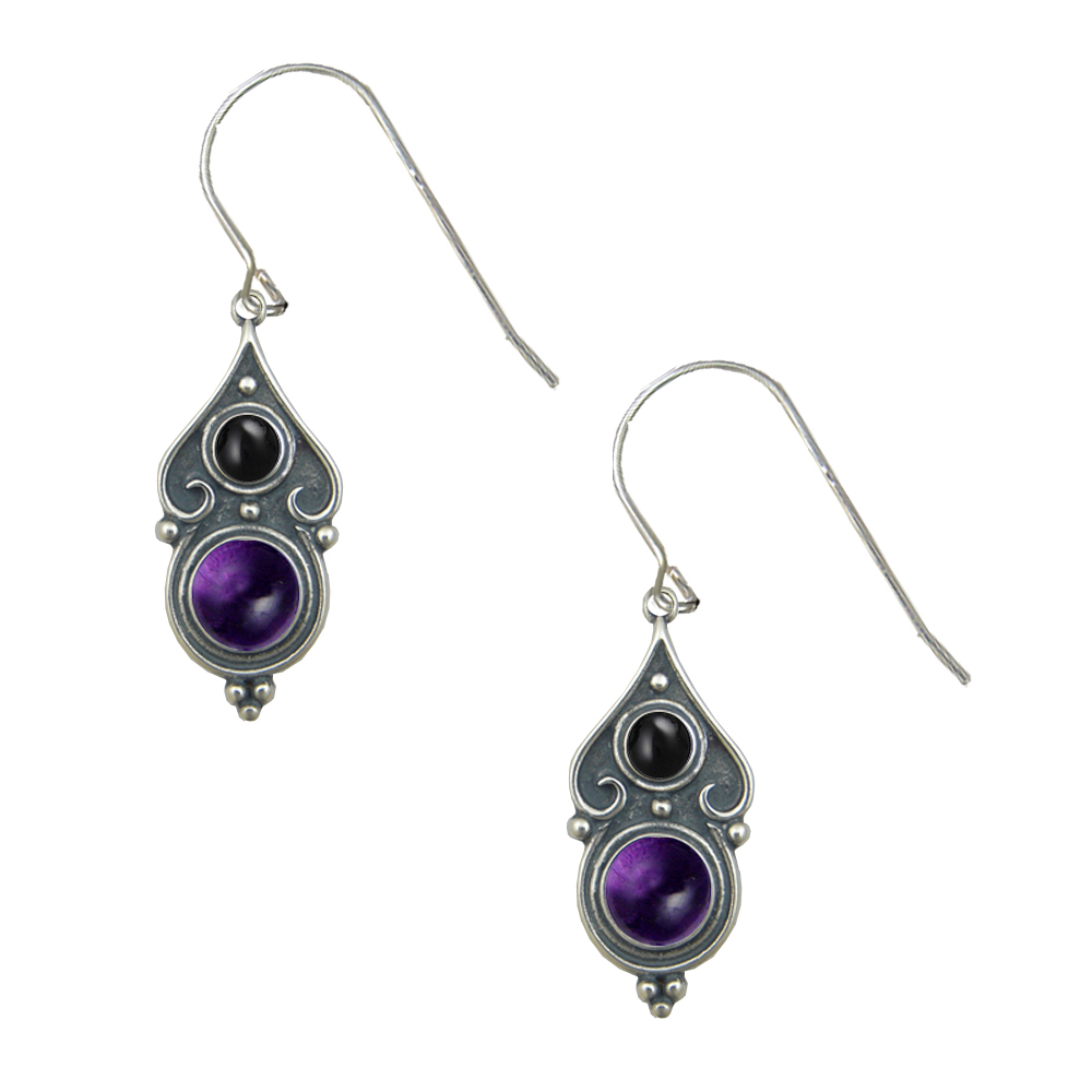 Sterling Silver Designer Post Stud Earrings With Amethyst And Black Onyx